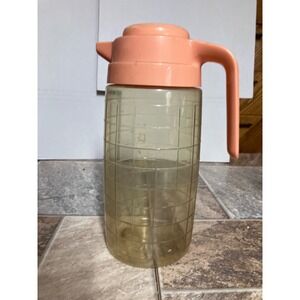 Vintage Arrow Plastic Pitcher Salmon Pink Amber Grid Pattern Made in USA 10.5in